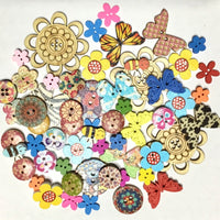 50x Mix Design Flowers, Butterflies, Animals etc.Wood Buttons for Craft & Sewing