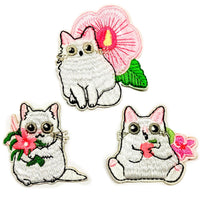 3 pcs Cute Large White Cat Theme Sew-On Iron-On Embroidered Applique Patches