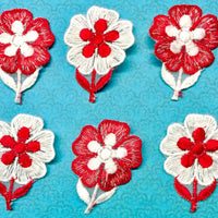 12x Machine Embroidered Red and White Flower 35mm Sewing Applique for Craft