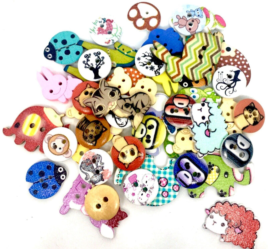 50pcs Wood Buttons Cute Animals Various Design for Sewing Craft Embellishment