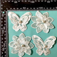 2x Pairs Silky White Large Butterfly & Flower w/ Pearl Embroiderd Applique Patch