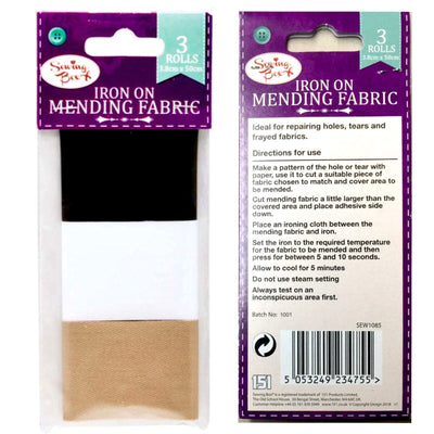 3x Colour Iron On 38MM Mending Fabric - Black, White, Light brown