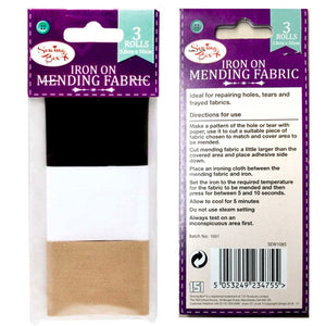 3x Colour Iron On 38MM Mending Fabric - Black, White, Light brown