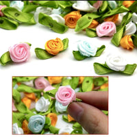 25x Handmade Mini Satin Rose Bud Flower with Leaves Appliqué Sewing Craft