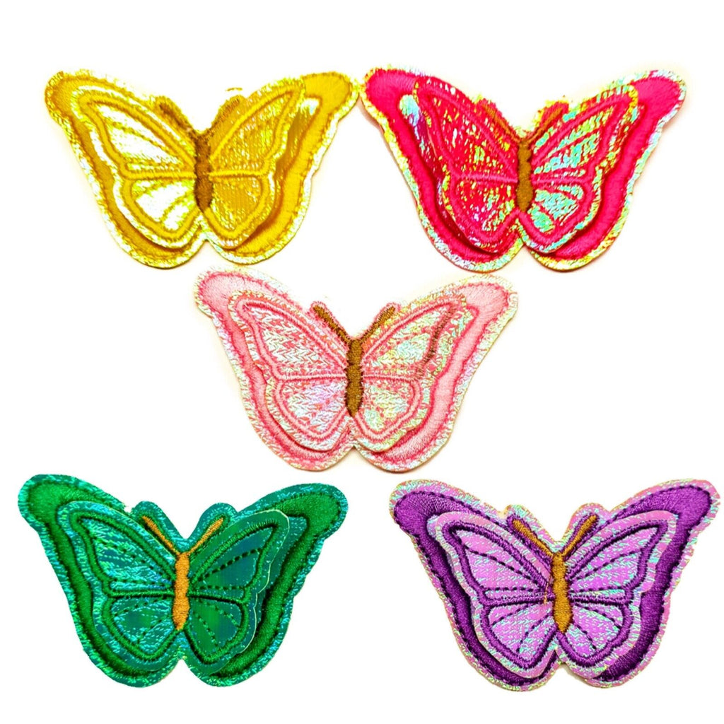 5x Holographic Multi Color Large 3D Butterfly Embroidered Iron On Appliqué Patch