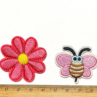 1x Set of 5x Flower & 1x Pink Bee Machine Embroidered Iron On Patches Applique